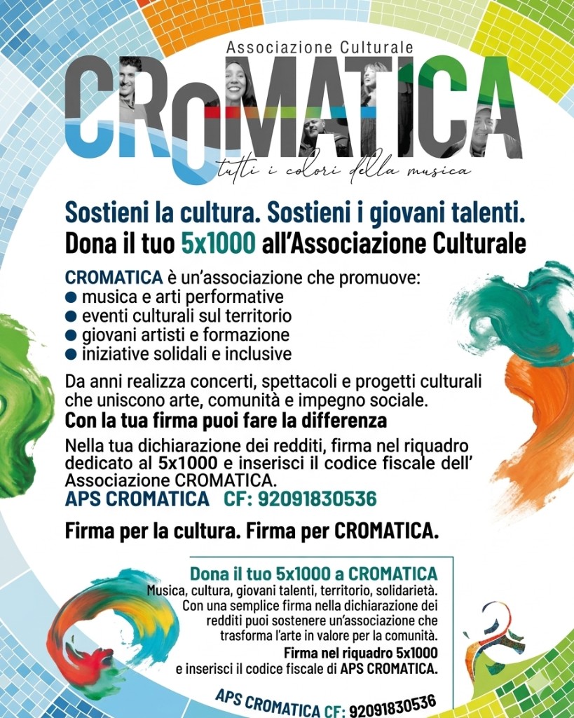 Volantino 5×1000 APS CROMATICA — tutti i colori della musica, codice fiscale e finalità sociali.